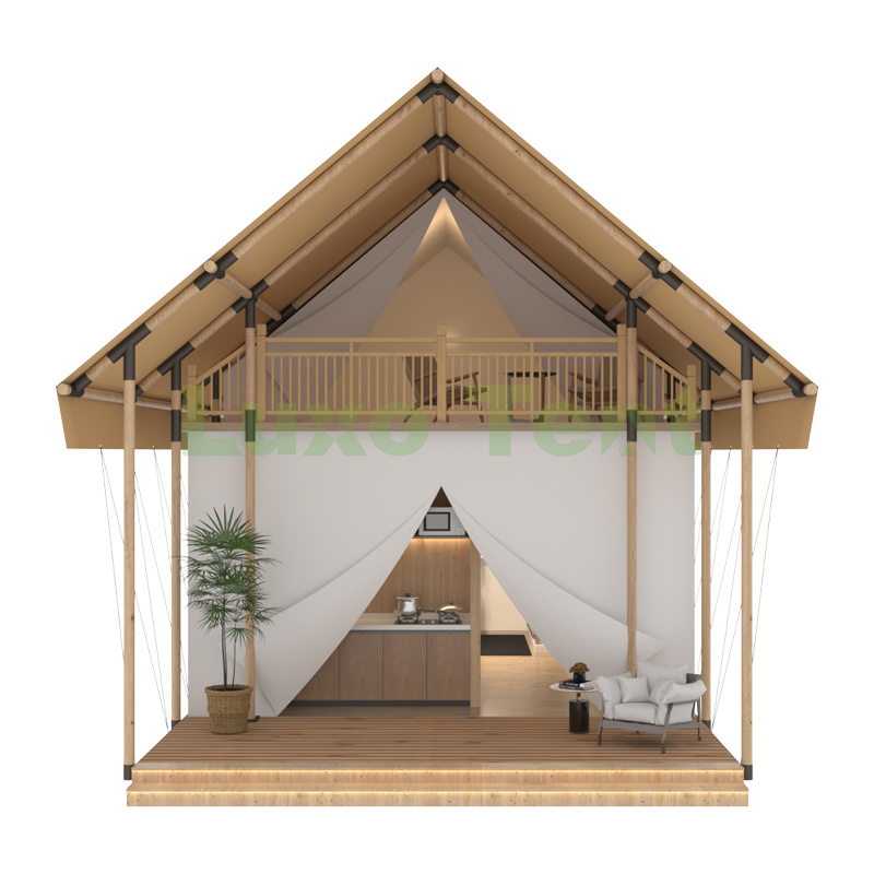 Casa de tenda de safari de alta gama con estrutura de madeira loft de dous pisos personalizada para a vida familiar