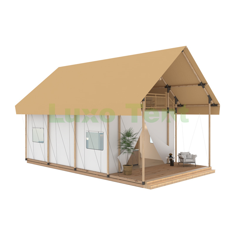Casa de campaña de safari de alta gama con estructura de madera tipo loft de dos pisos personalizada para vida familiar