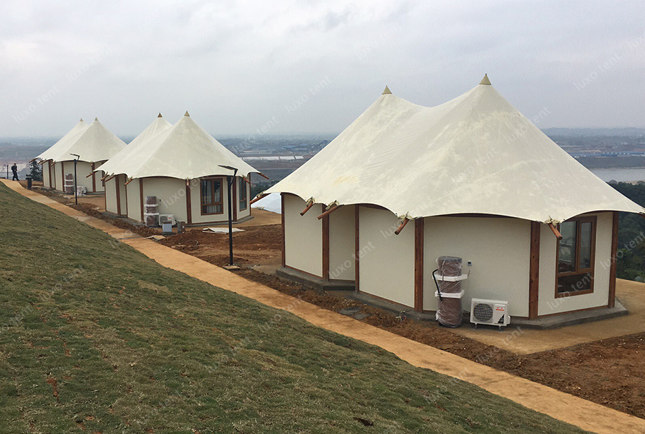 custom glaping hotel tent with pvdf roof and hard wall