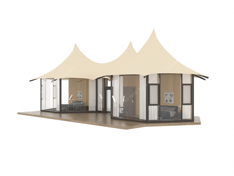 3 Prefabricación semipermanente teito de pvdf de tensión de polígono unido e casa de tenda de hotel con parede de vidro
