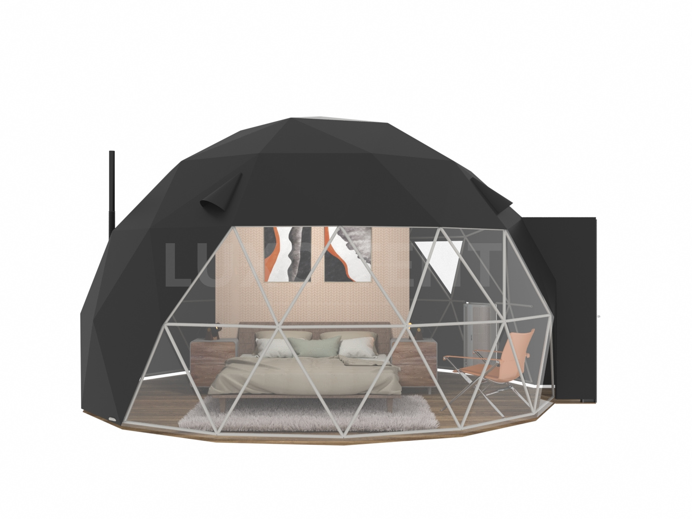 Czarny, półprzezroczysty namiot kopułowy z PCV