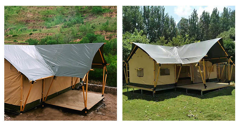 Casa de tenda de safári de luxo em forma de T com quarto, banheiro e sala de estar
