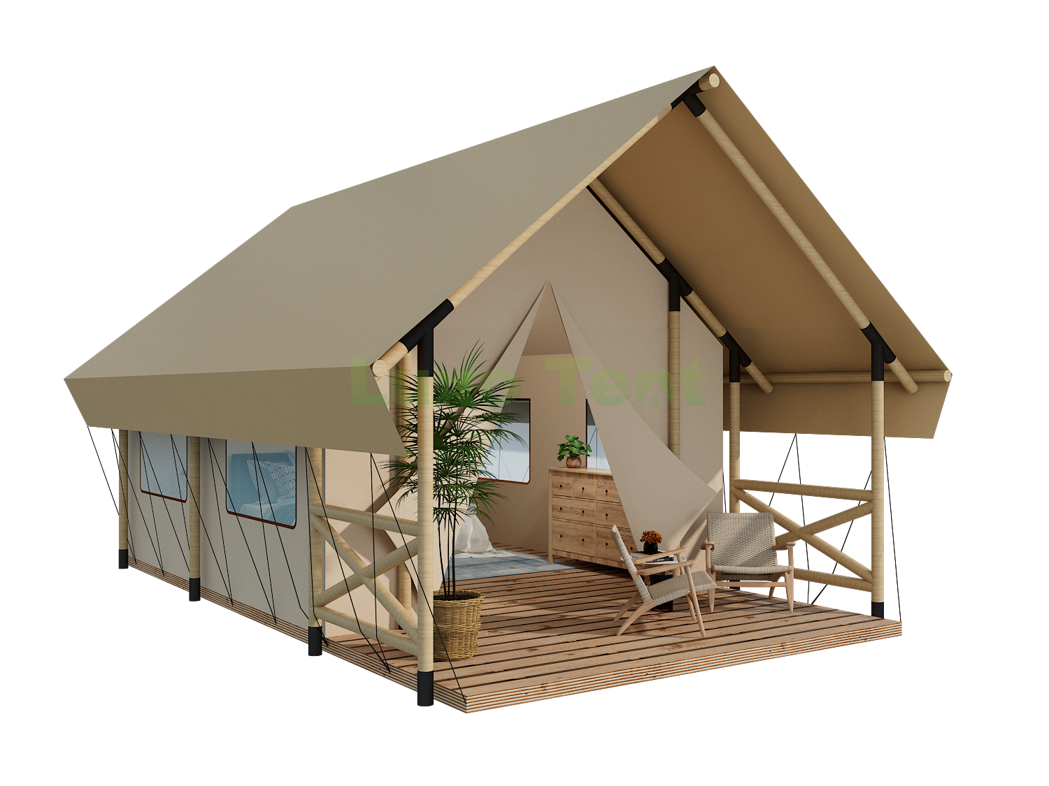 Lona de marco de madeira que vive unha cómoda casa de tenda de safari para o resort