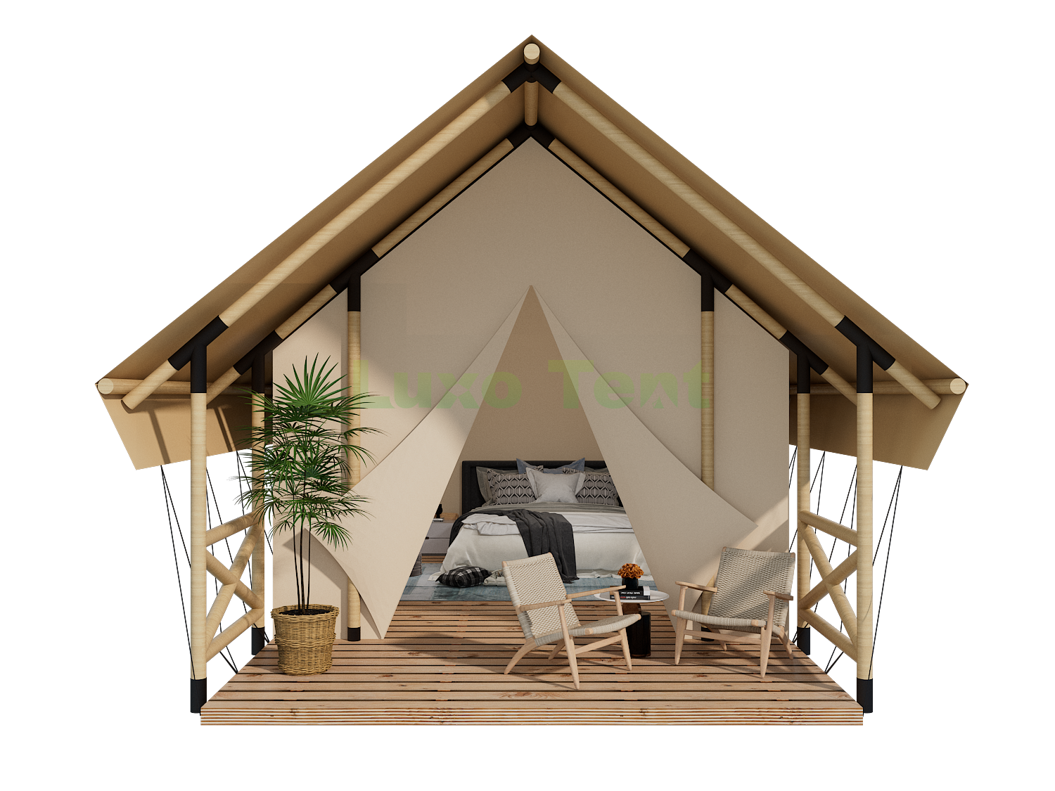 Drevený rám plátenný obytný pohodlný safari stanový domček pre rezort