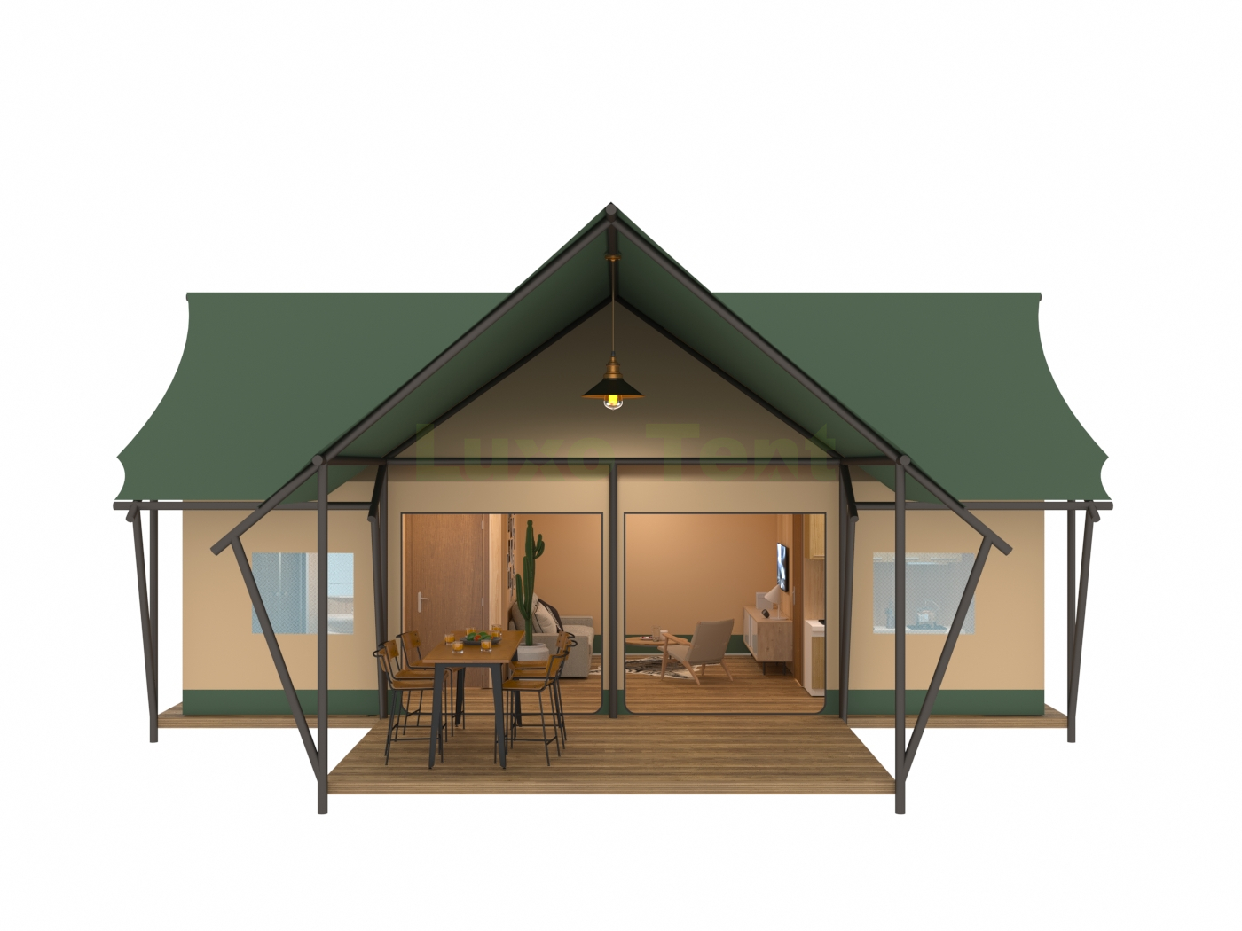 T-förmiges Luxus-Safari-Zelthaus mit Schlafzimmer, Badezimmer und Wohnzimmer