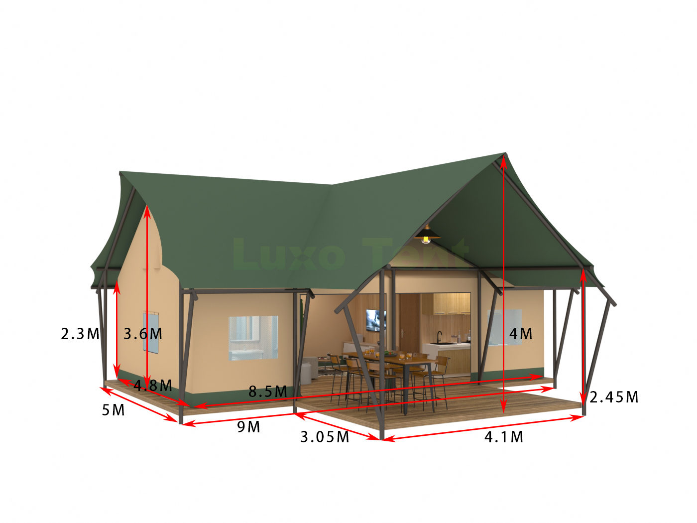 T-formet luksus safari telthus med soveværelse badeværelse stue