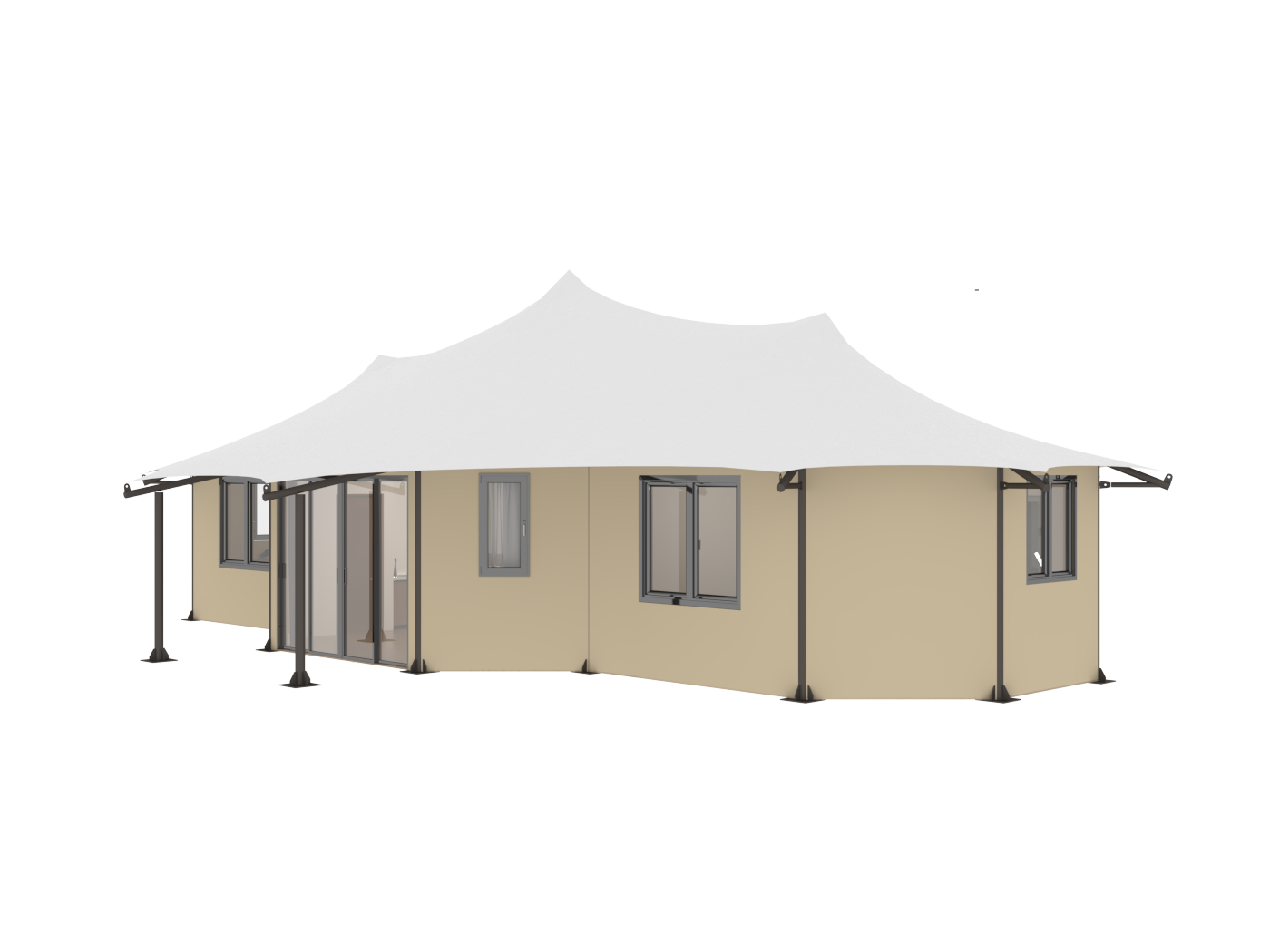 Namiot hotelowy z 3 połączonymi wielokątnymi dachami z pvdf i płóciennymi ścianami