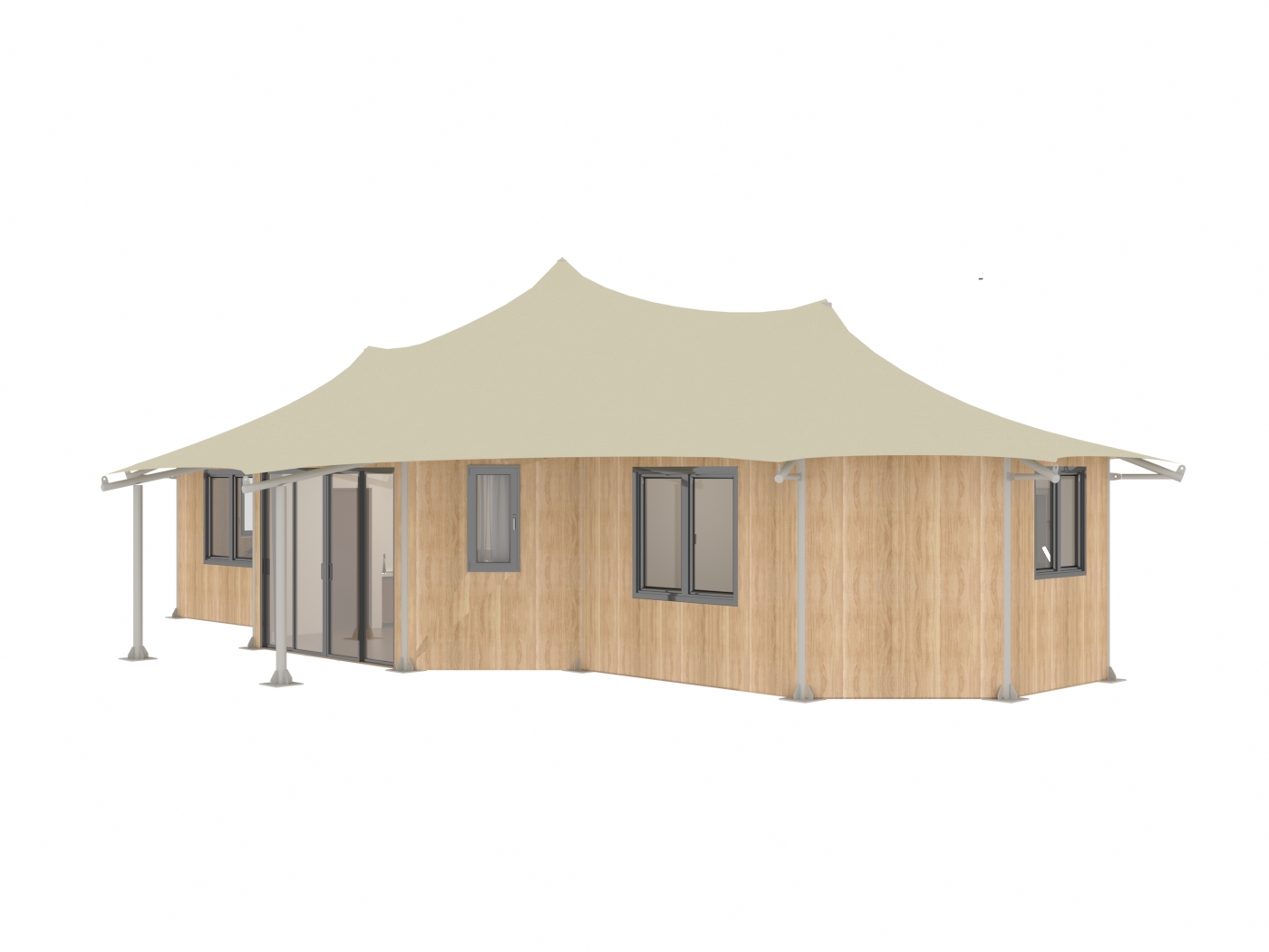 3 conjoined polygon tension pvdf roof and hard wall hotel tent house