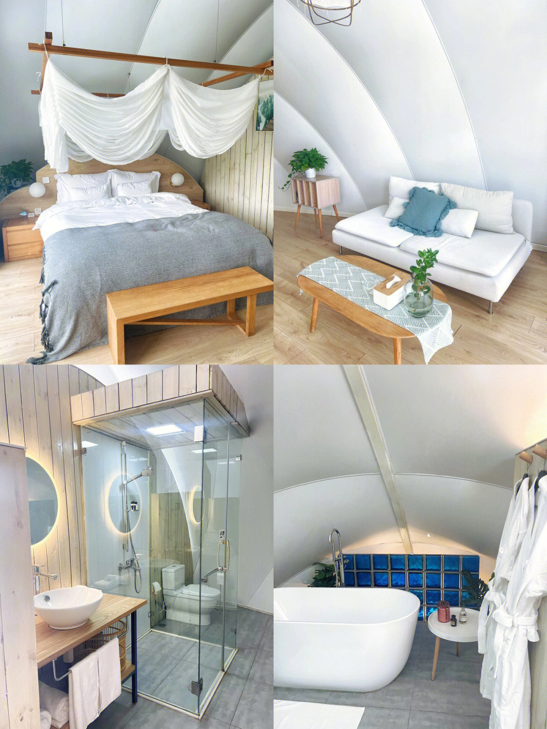 Luxury glamping shell hotel tent interior space with bathroom