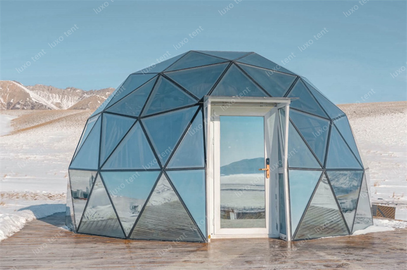 Anti-peeping hollow tempered glass bule luxurious glamping round geosedsic dome tent china factory
