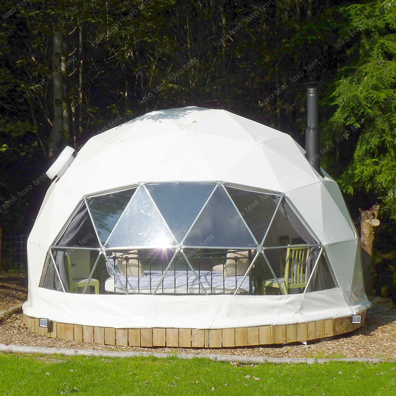 glamping white pvc gedesic dome tent house with exhaust fan and Exhaust fan and furnace