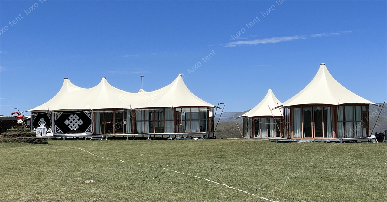 pvdf roof and glass wall polygon tension tent house