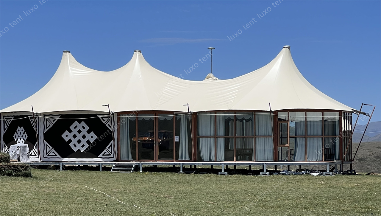 pvdf roof and glass wall polygon tension tent house1