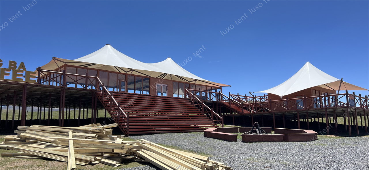 pvdf roof and glass wall polygon tension tent house3